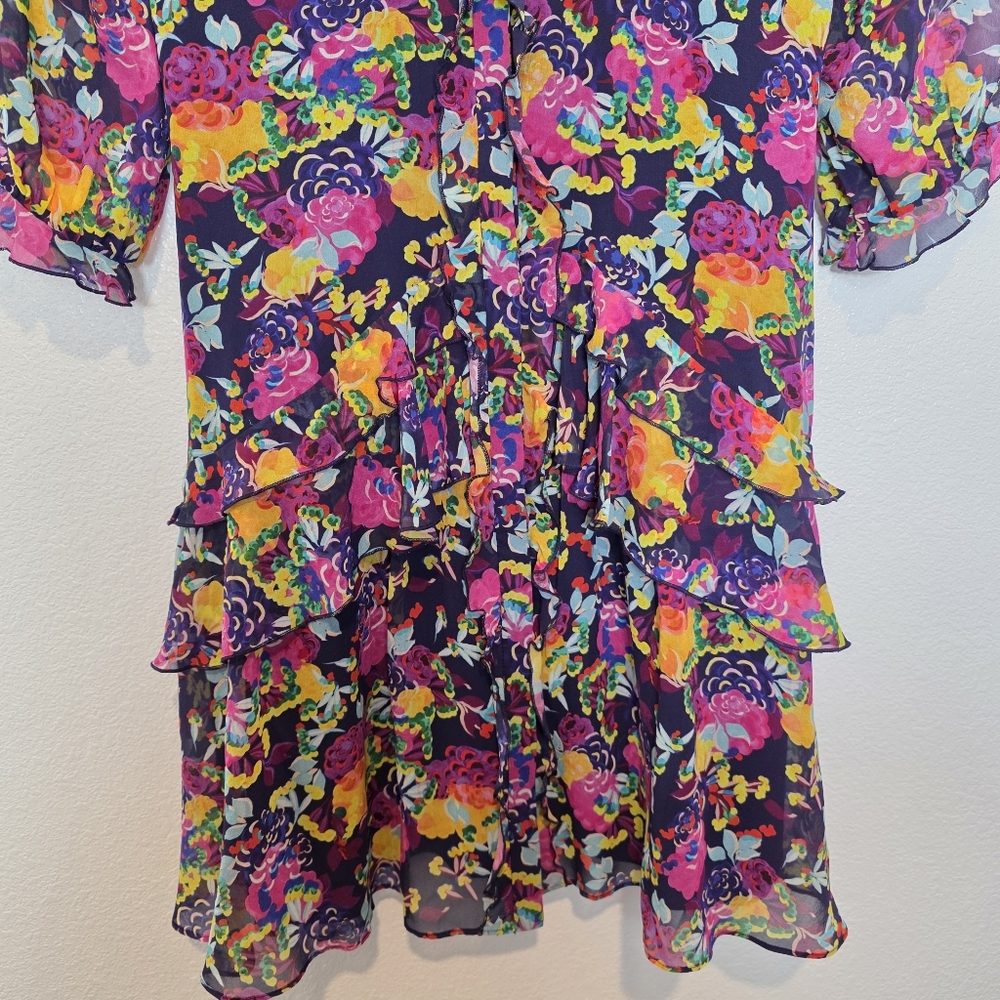 SALONI Tilly Ruffle Floral Print Silk Belted Romantic Mini Dress Size 4 - Picture 6 of 13